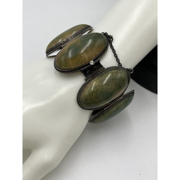 Navajo Mexico Sterling Silver Green Cabochon Domed Safety Chain Bracelet 125 gm - Picture 2 of 8